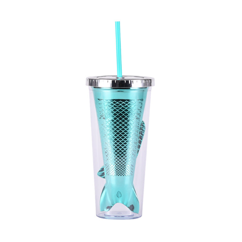 Wholesale Double-layer Plastic Cup Creative Gradient Mermaid Tail Colorful Sequin Straw Water Cup